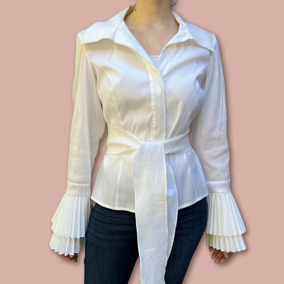 VTG Cache White Ruffle Fan Sleeve Button-Down Shirt w/ Waist Bow Tie Belt Sz 10 - Picture 1 of 6
